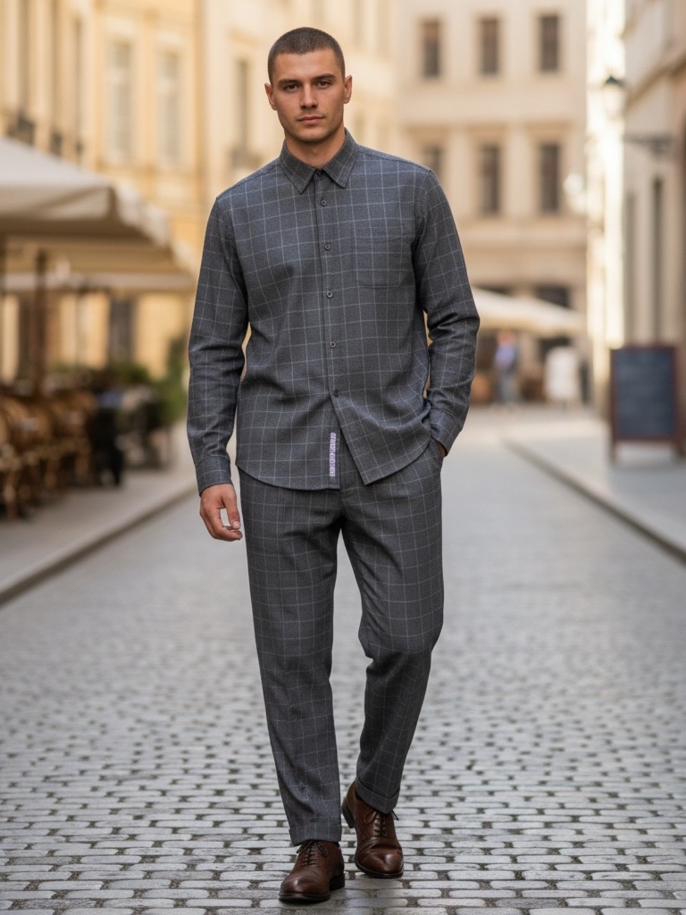 Men's Gray Windowpane Two-Piece Suit Set